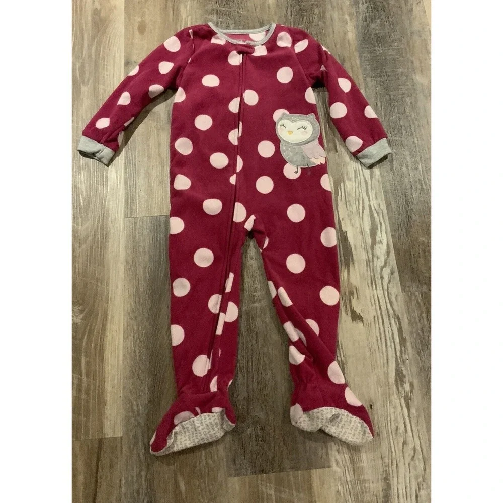 Carters Girls Pink Polka Dot Owl Fleece One Piece Footed‎ Pajamas Size 4T